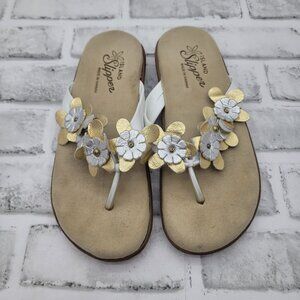 Island Slipper Hawaii Leilani Gold Silver Floral Thong Flip Flop Size 6 Comfort